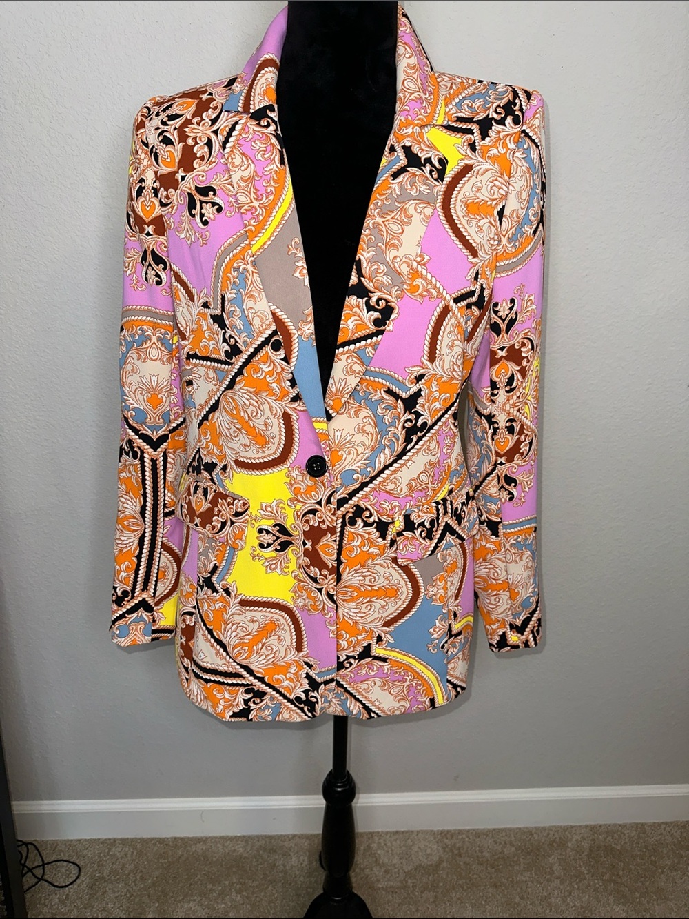 Printed Paisley Notch Lapel Blazer in Pink & Yellow